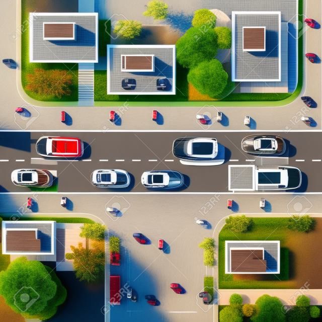 Вид сверху на город. Вид сверху городских перекрестках с автомобилями и домами.