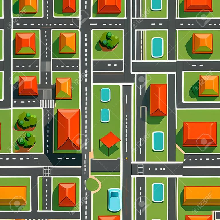 Widok z góry na miasto wzór ulice, drogi, domy i samochody