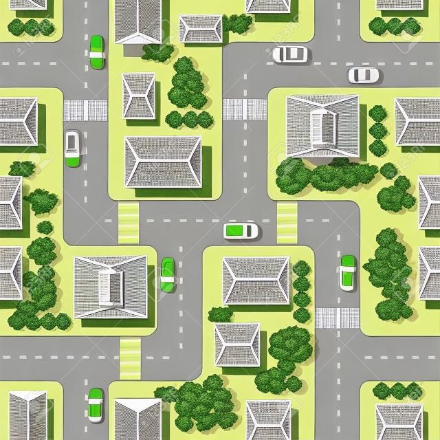 計画都市の平面図です。 シームレスな繰り返しパターン。都市通り、住宅、屋根と木。