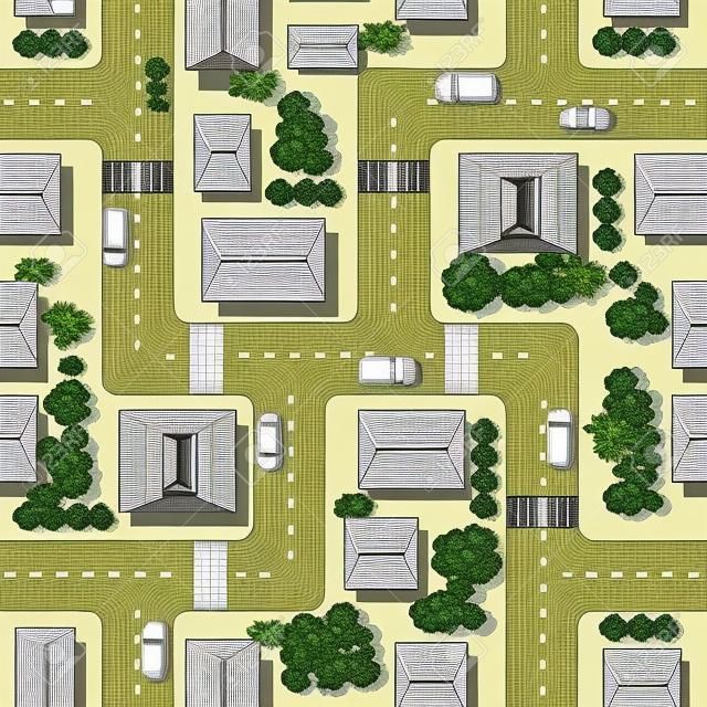 計画都市の平面図です。 シームレスな繰り返しパターン。都市通り、住宅、屋根と木。