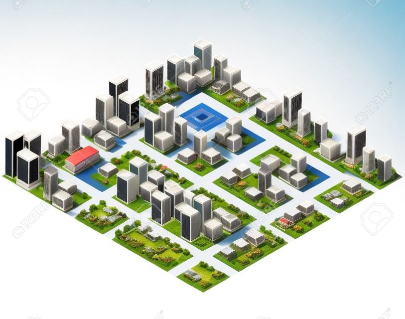Grande metropoli 3D di grattacieli, case, giardini e strade in una vista isometrica tridimensionale
