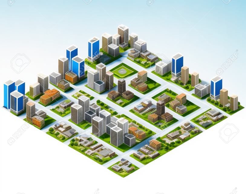 高層ビル、住宅、庭園や街の三次元等角投影ビューの偉大な 3 D 都市