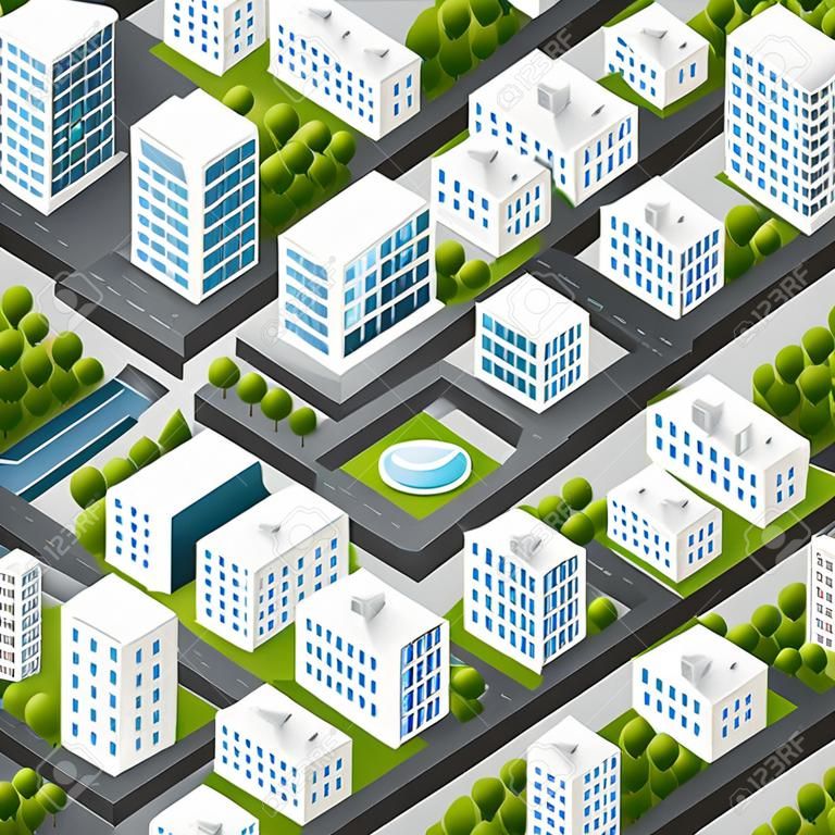 3D изометрической городской пейзаж небоскребов, домов, садов и улиц в трехмерном виде сверху