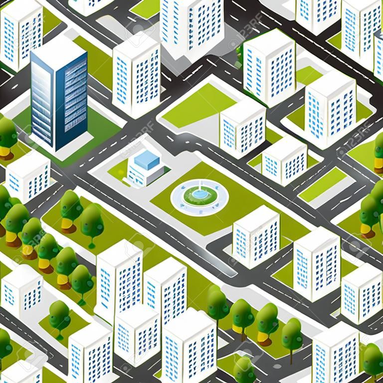 Paisagem da cidade isométrica 3D de arranha-céus, casas, jardins e ruas em uma vista superior tridimensional