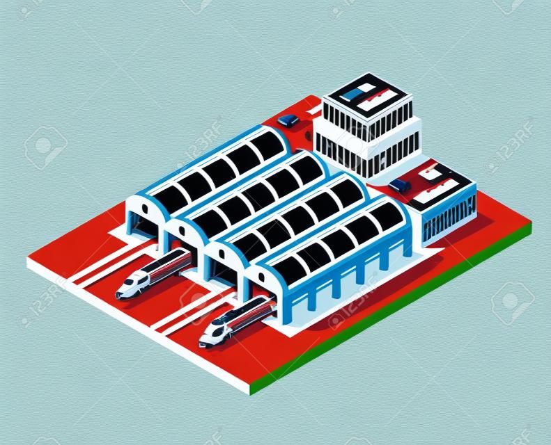 Illustration isometric high-speed train on the tracks in the city block near the station building