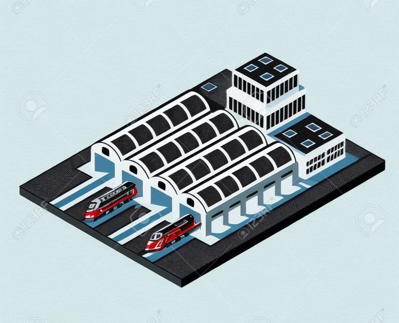 Illustration isometric high-speed train on the tracks in the city block near the station building