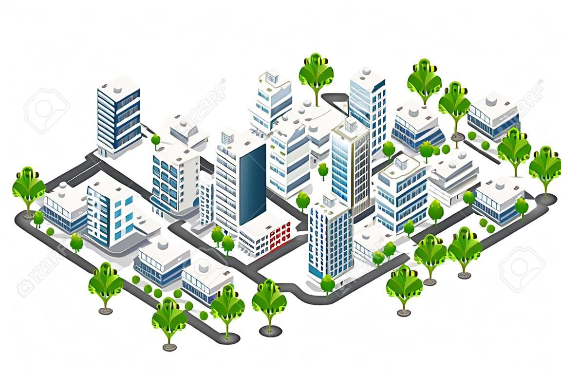 Isometric 3D city megapolis structure urban landscape top view with streets, houses, trees and transport
