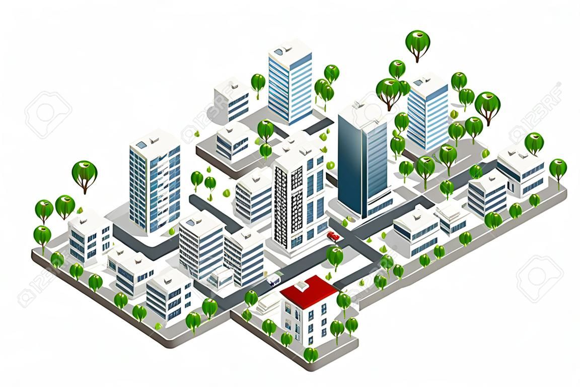 Isometric 3D city megapolis structure urban landscape top view with streets, houses, trees and transport