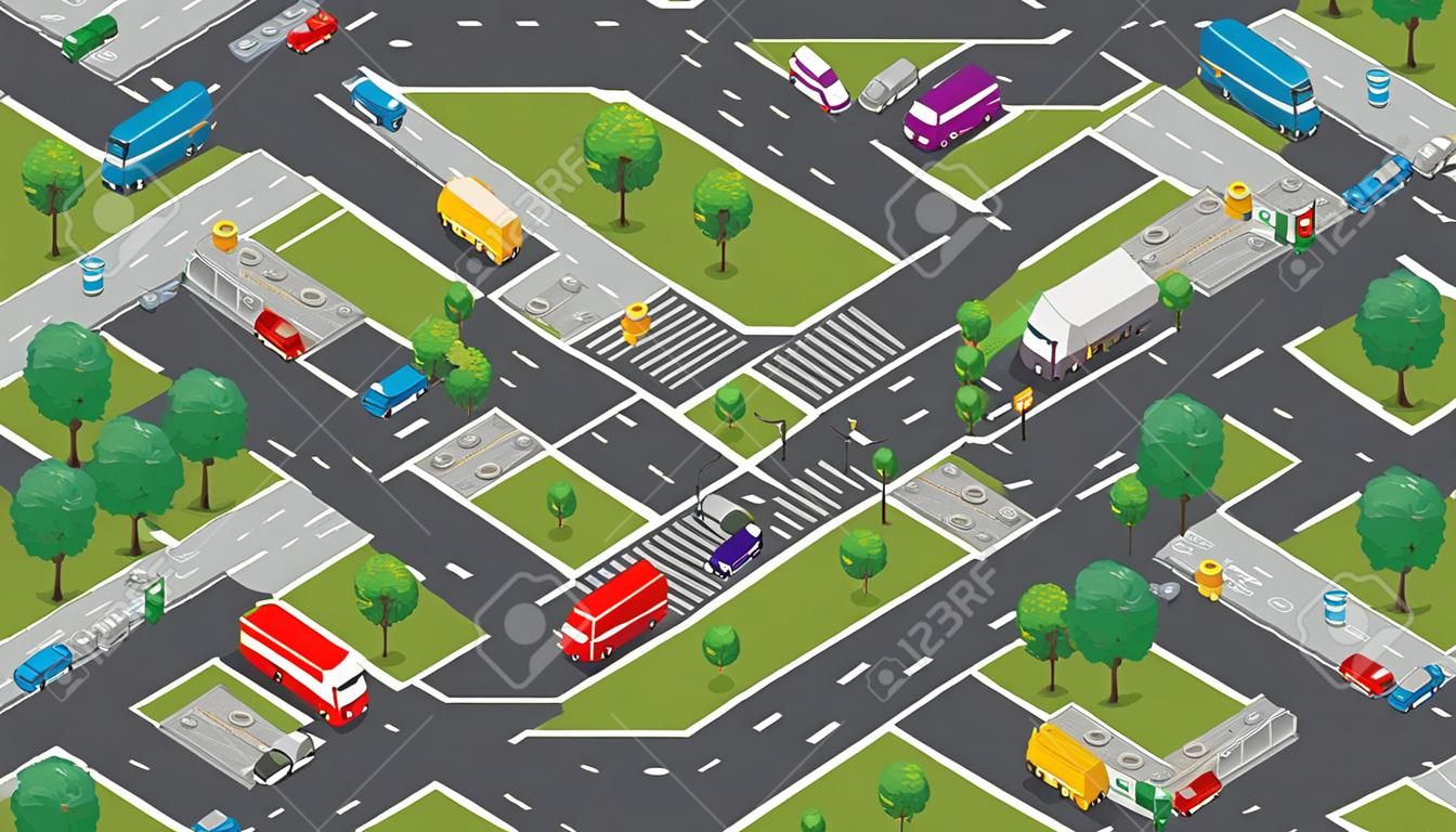 Seamless city map pattern. Isometric structure of a landscape of a street transport intersection asphalt highway and street
