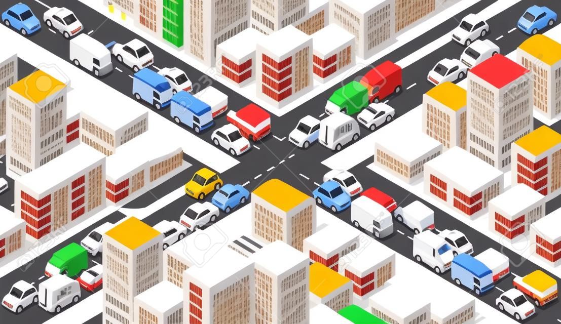 Isometric Crossroads intersection of streets of highways with traffic cars standing in jam. Seamless repeating background illustration