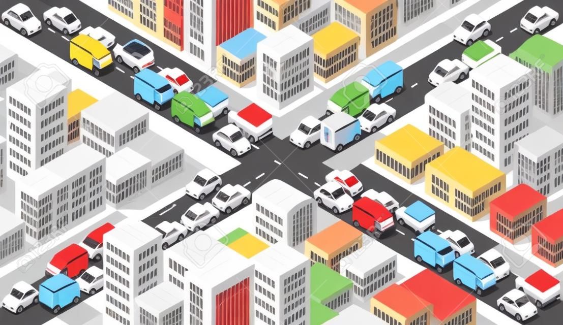 Isometrische kruispunten kruising van straten van snelwegen met verkeer auto's staan in jam. Naadloze herhalende achtergrond illustratie