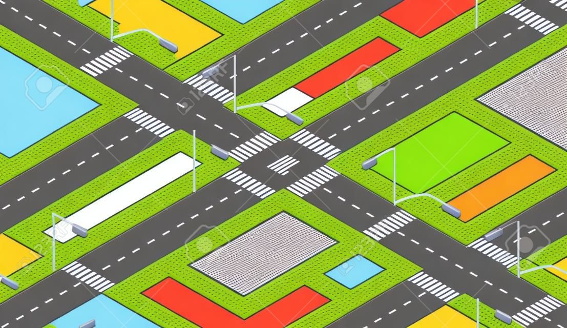 Nahtloses Stadtplanmuster. Isometrische Struktur einer Landschaft einer Straßenverkehrskreuzung Asphaltstraße und Straße