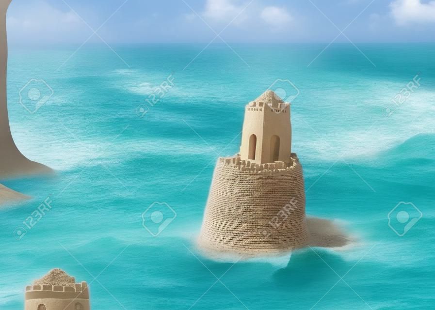 모래 성의 지속적인 탑은 바닷물에서 씻겨 나옵니다.