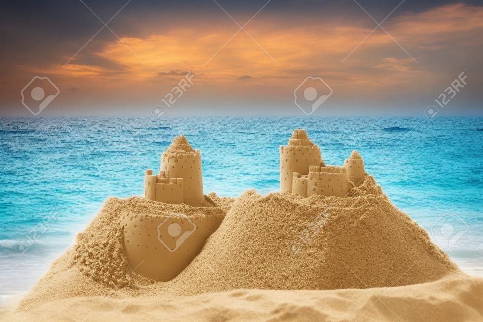 해변 여행 휴가 개념에 서있는 모래 성