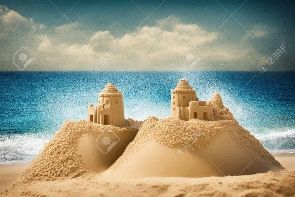 해변 여행 휴가 개념에 서있는 모래 성