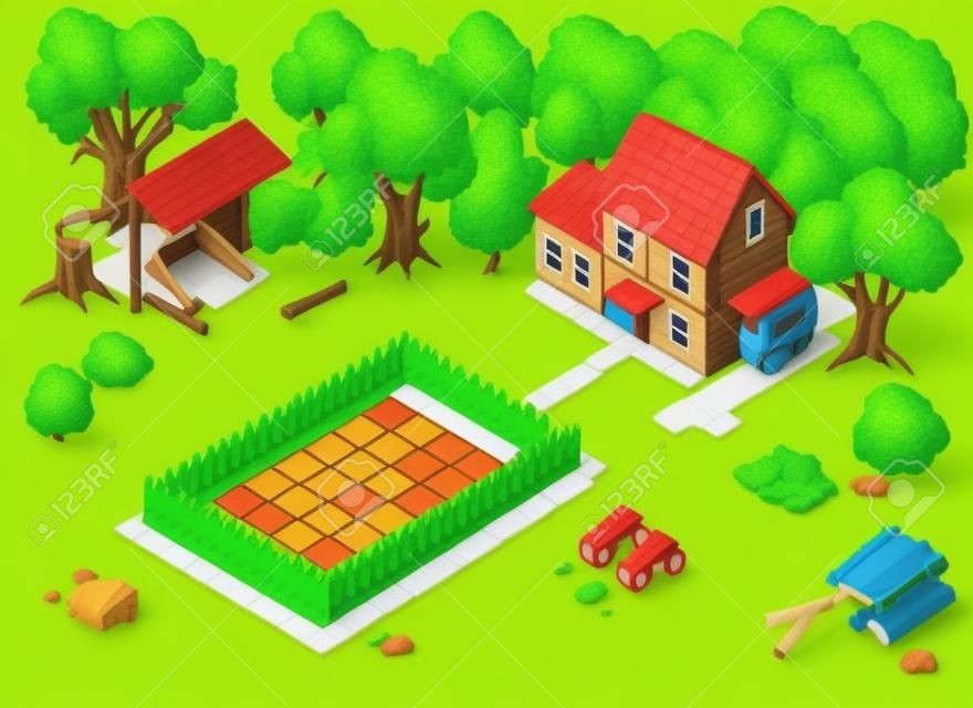 等尺性農場。ゲームの要素。ファームの要素。等尺性ファーム ファーム グッズの庭詳細図は、モデリングをブロックします。