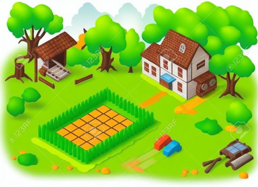 等尺性農場。ゲームの要素。ファームの要素。等尺性ファーム ファーム グッズの庭詳細図は、モデリングをブロックします。