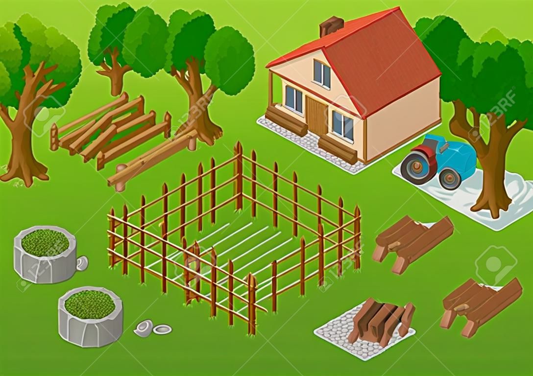 farm isometrica. Elementi per il gioco. Farm elements.Garden illustrazione dettagliata di un isometrica dell'azienda agricola blocchi giocattolo di modellazione.