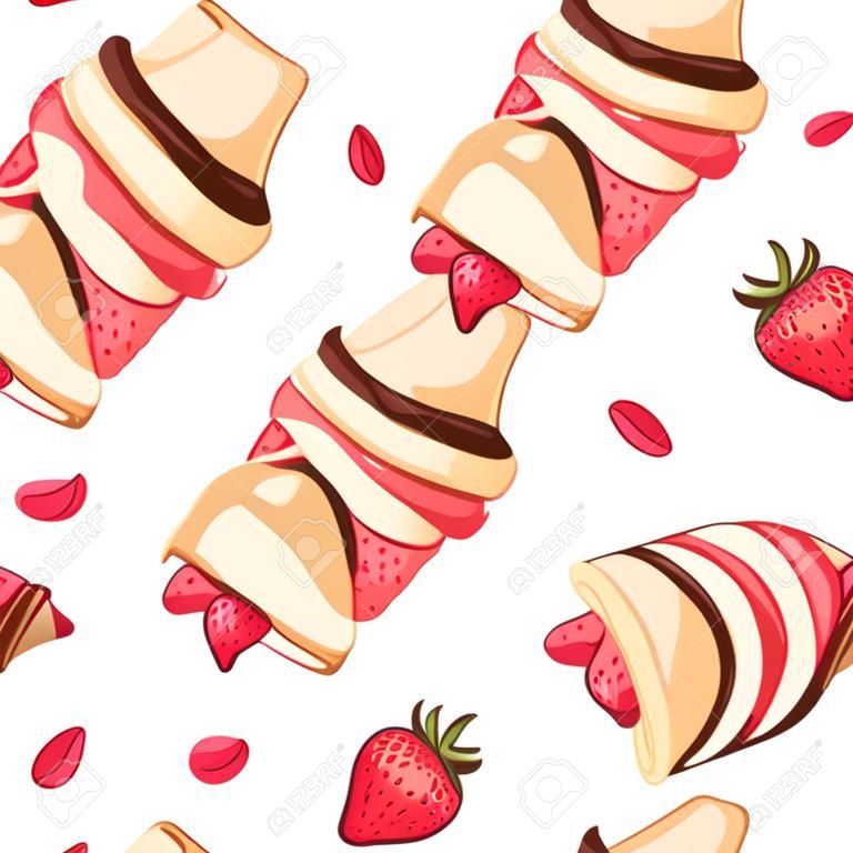 Seamless pattern of crepe with strawberry and chocolate tasty pancakes vector illustration on white background web site page and mobile app design.