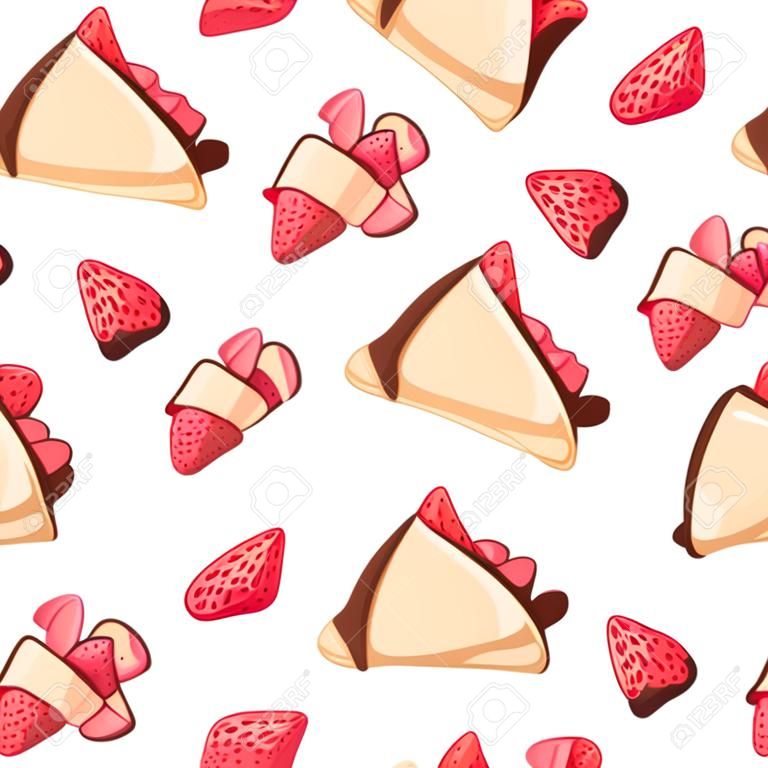 딸기와 초콜릿 맛있는 팬케이크 크레페의 완벽 한 패턴 흰색 배경 웹 사이트 페이지 및 모바일 응용 프로그램 디자인에 벡터 일러스트 레이 션.
