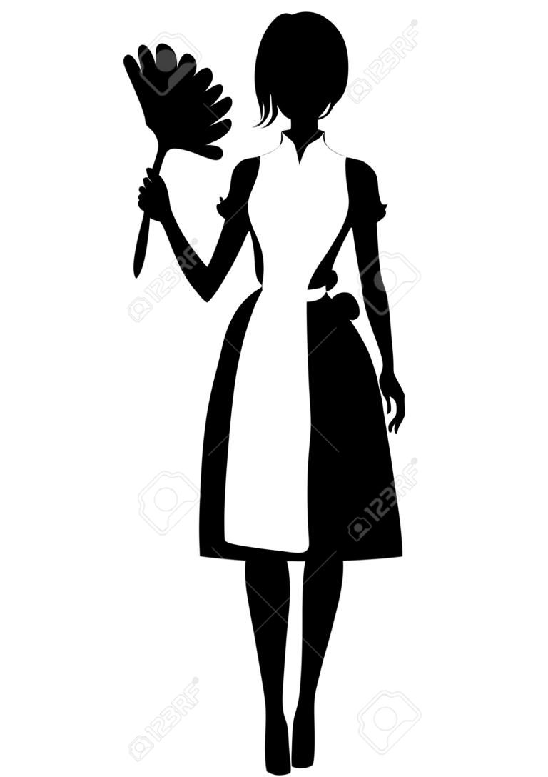 Silhouette noire. Belle femme de chambre en tenue française classique. Conception de personnage de dessin animé. Femme de ménage tenant la silhouette de la brosse duster. Illustration vectorielle plane isolée sur fond blanc.
