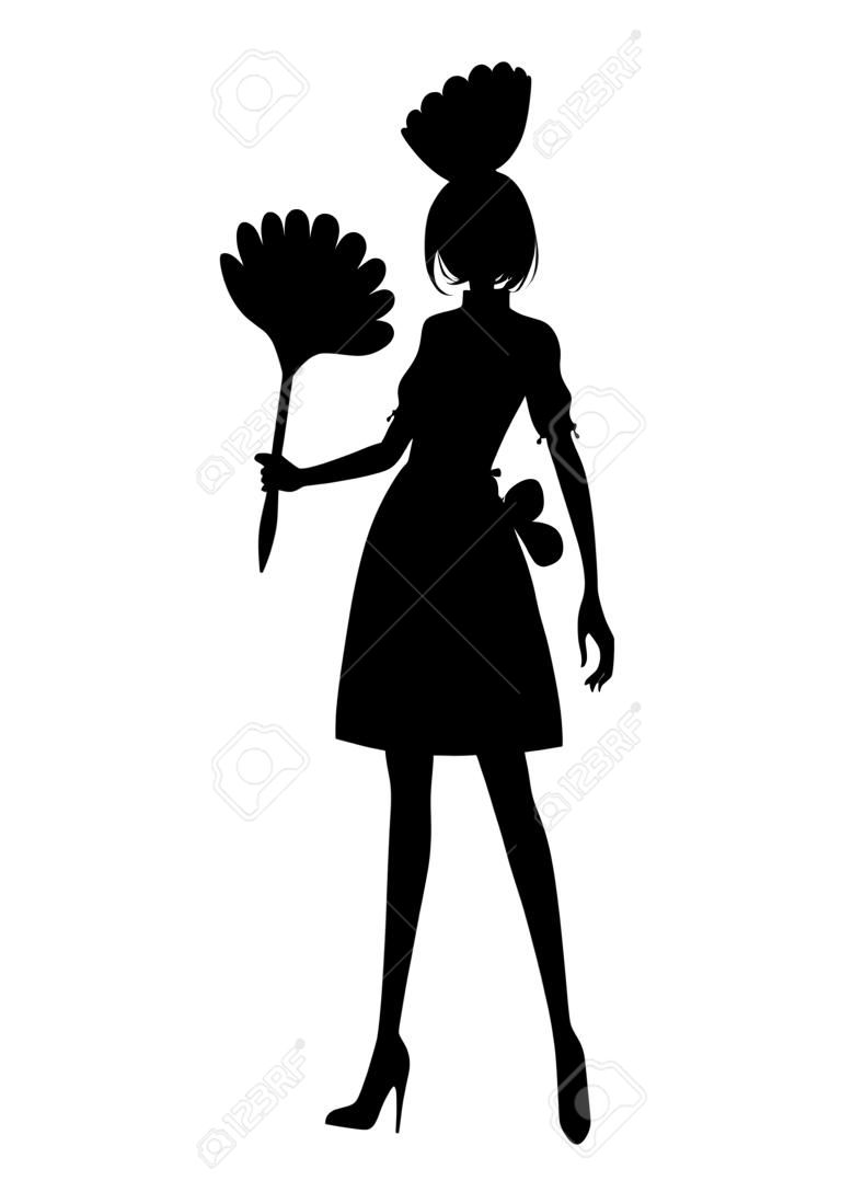 Black silhouette. Beautiful maid in classic french outfit. Cartoon character design. Maid holding duster brush silhoutte. Flat vector illustration isolated on white background.