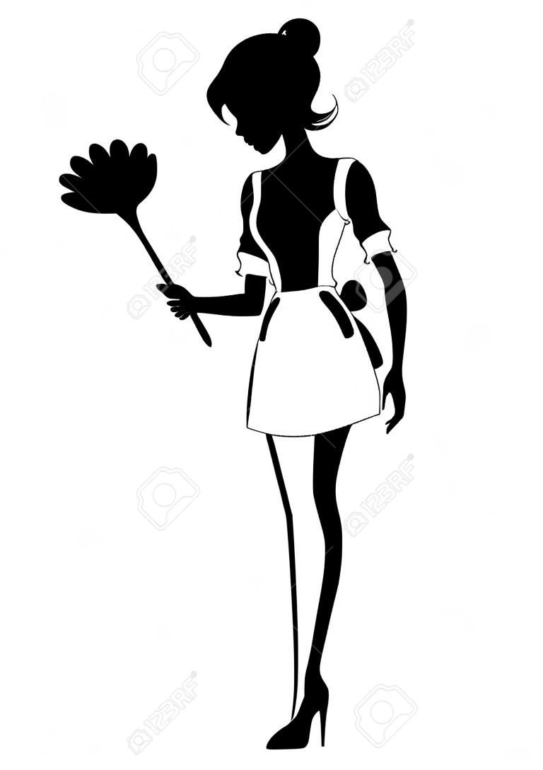Schwarze Silhouette. Schönes Dienstmädchen im klassischen französischen Outfit. Cartoon-Charakter-Design. Dienstmädchen, das Staubtuchbürstensilhoutte hält. Flache Vektorillustration lokalisiert auf weißem Hintergrund.