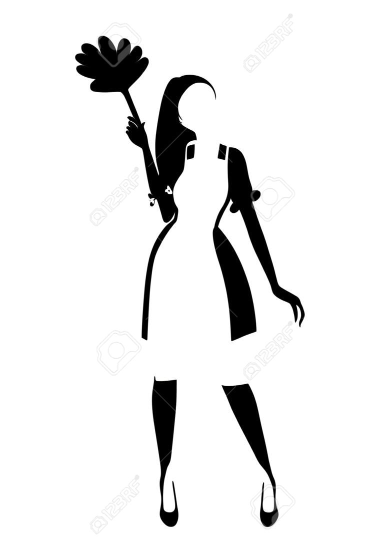 Silhouette noire. Belle femme de chambre en tenue française classique. Conception de personnage de dessin animé. Femme de ménage tenant la silhouette de la brosse duster. Illustration vectorielle plane isolée sur fond blanc.