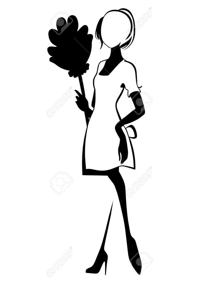 검은 실루엣. 고전적인 프랑스 복장의 아름다운 하녀. 만화 캐릭터 디자인입니다. 메이드 지주 살포 브러시 실루엣입니다. 평면 벡터 일러스트 레이 션 흰색 배경에 고립입니다.