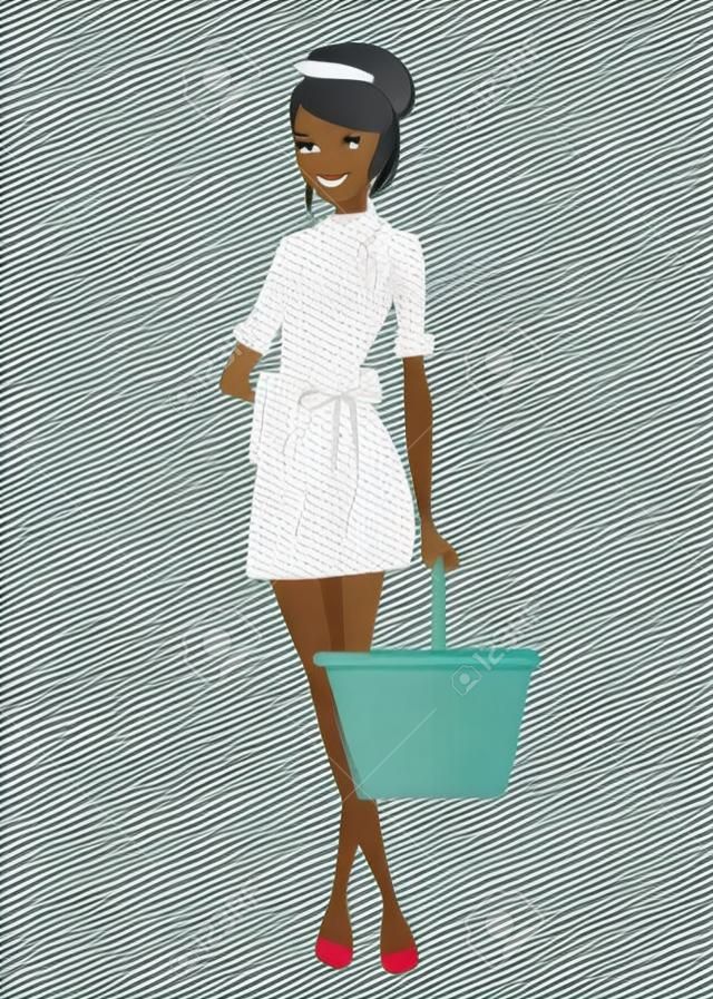 Belle femme de chambre en tenue française classique. Conception de personnage de dessin animé. Femme de ménage tenant un seau de nettoyage et une silhouette de serviette. Illustration vectorielle plane isolée sur fond blanc.