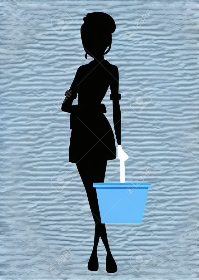 Belle femme de chambre en tenue française classique. Conception de personnage de dessin animé. Femme de ménage tenant un seau de nettoyage et une silhouette de serviette. Illustration vectorielle plane isolée sur fond blanc.