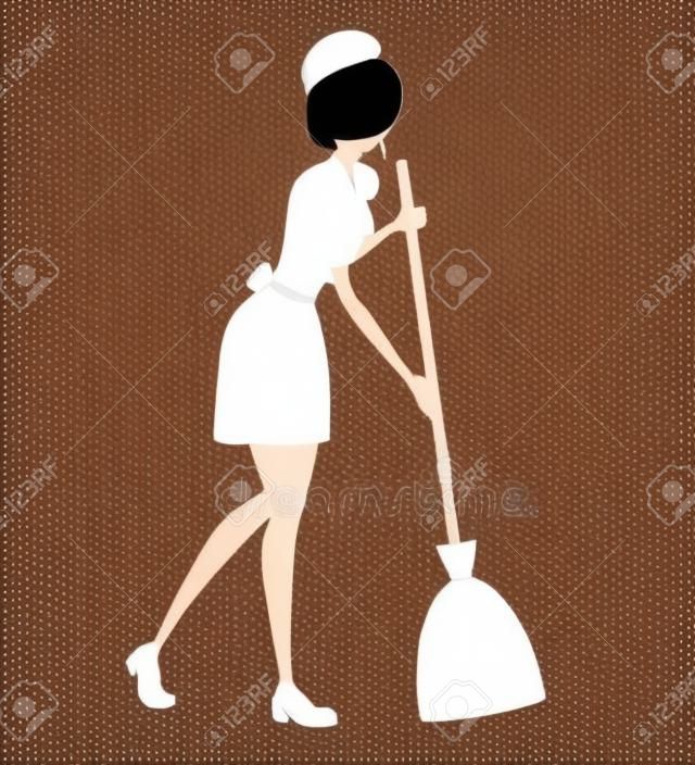 Mooie meid in klassieke Franse outfit. Cartoon karakter design. Vrouwen met bruin kort haar. Maid holding bezem silhoutte. Platte vector illustratie geïsoleerd op witte achtergrond.