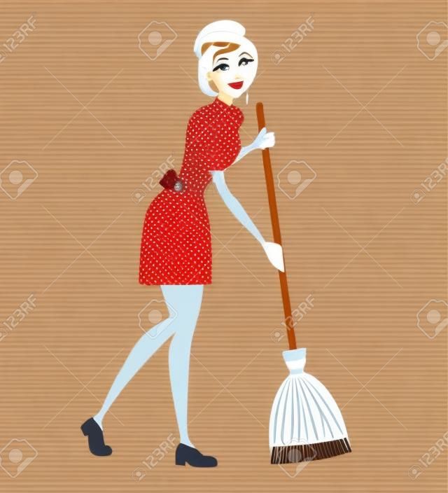 Beautiful maid in classic french outfit. Cartoon character design. Women with brown short hair. Maid holding broom silhoutte. Flat vector illustration isolated on white background.