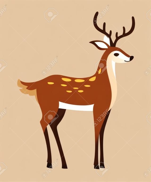 Brown deer. Hoofed ruminant mammals. Cartoon animal design. Cute deer with antlers. Flat vector illustration isolated on white background.