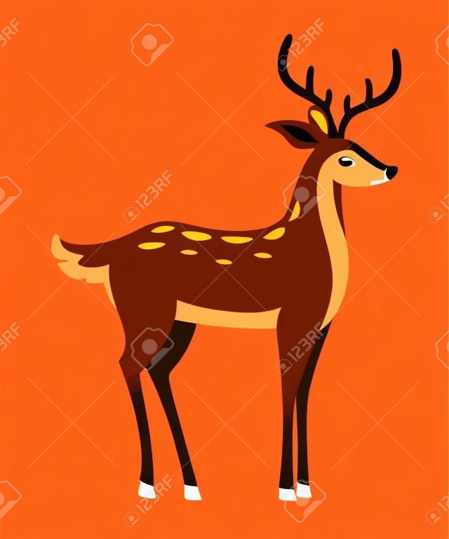 Brown deer. Hoofed ruminant mammals. Cartoon animal design. Cute deer with antlers. Flat vector illustration isolated on white background.