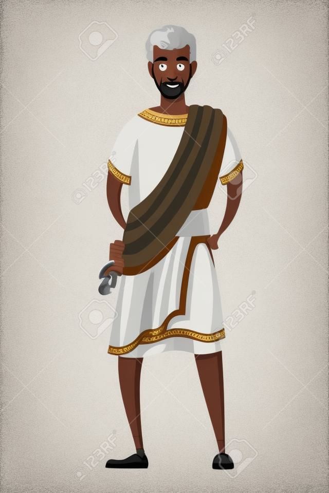 Senador o ciudadano romano. Diseño de personajes de dibujos animados. SPQR, hombre con pergaminos. Ilustración de vector plano sobre fondo blanco.