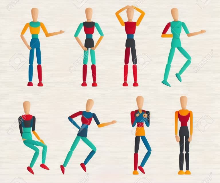 Wooden mannequin collection. Dummy with different poses. Cartoon flat style. Vector illustration isolated on white background.