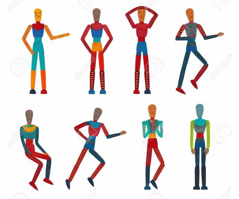 Wooden mannequin collection. Dummy with different poses. Cartoon flat style. Vector illustration isolated on white background.