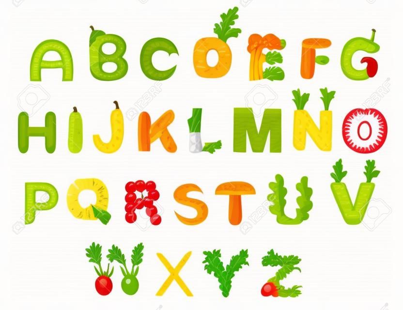 Conjunto de vegetales y frutas alfabeto comida estilo dibujos animados vegetales diseño plano vector ilustración aislado sobre fondo blanco.