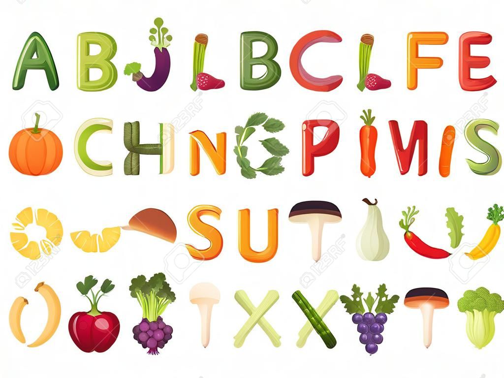 Conjunto de vegetales y frutas alfabeto comida estilo dibujos animados vegetales diseño plano vector ilustración aislado sobre fondo blanco.