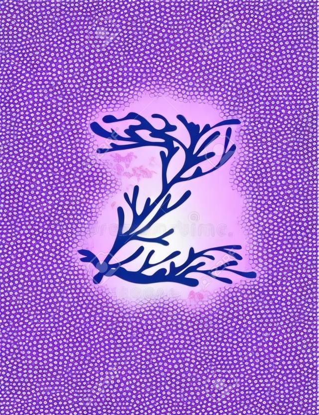 Letter Z purple colored seaweeds underwater ocean plant sea coral elements flat vector illustration on white background.