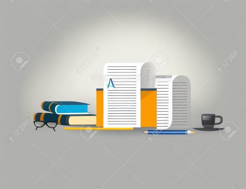 Computer monitor with long paper list books and pen online education concept vector illustration on white background