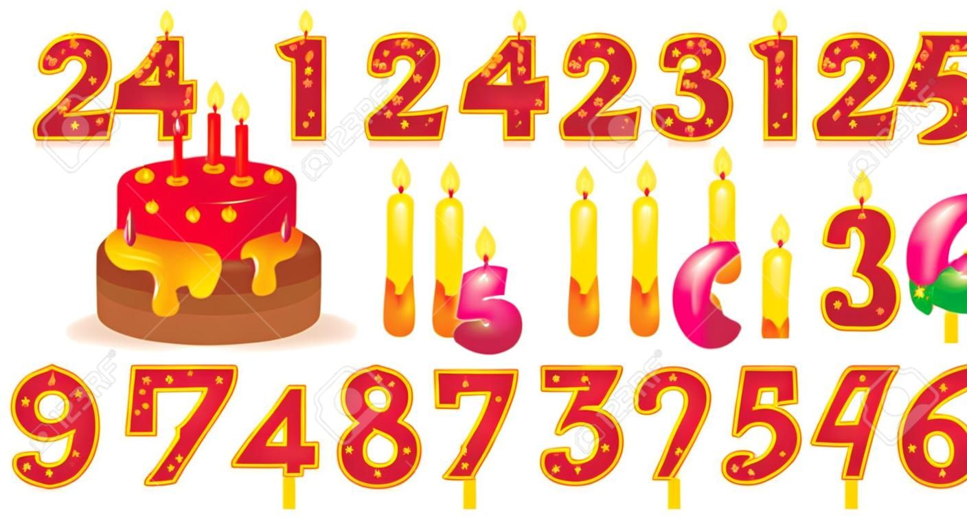 pastel de cumpleaños con velas y un conjunto de números para las fechas