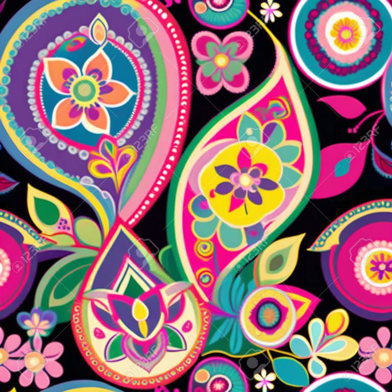 Seamless pattern based on traditional Asian elements Paisley. Purple, pink, green, bright colors.