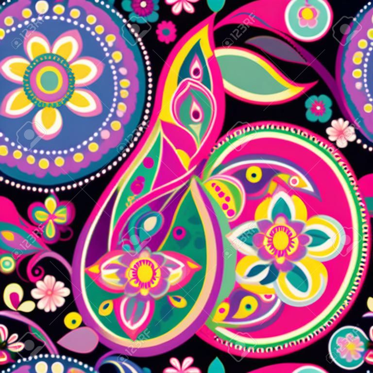 아시아 전통 요소 페이즐리 무늬에 따라 원활한 패턴입니다. 보라색, 분홍색, 녹색, 밝은 색상.