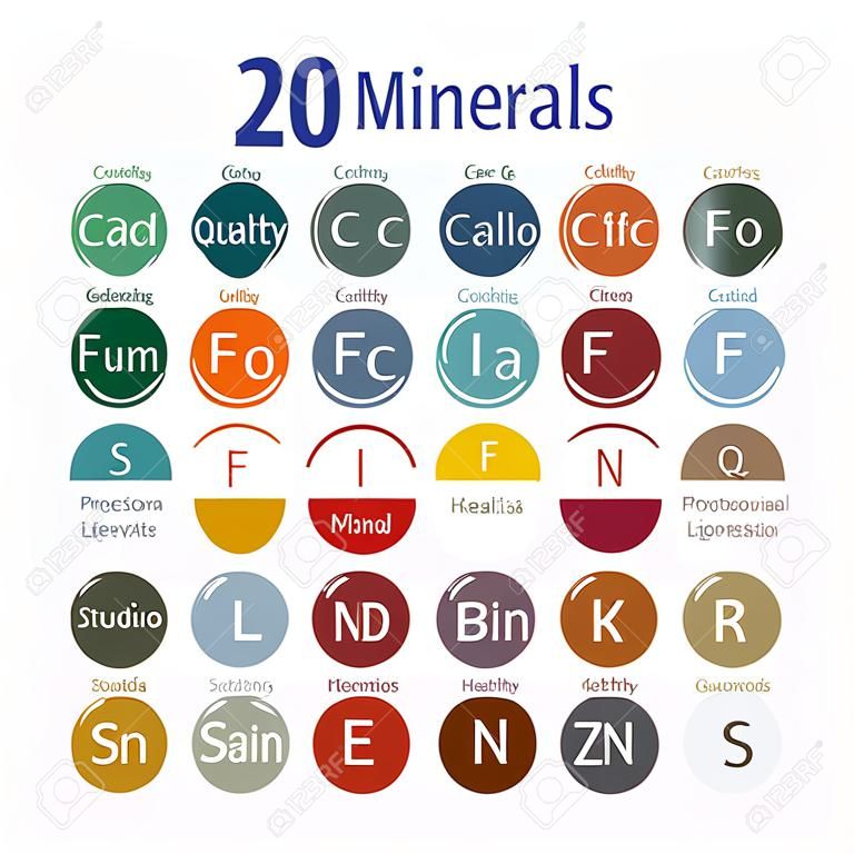 20 minerals: microelements and macro elements, useful for human health. Fundamentals of healthy eating and healthy lifestyles.