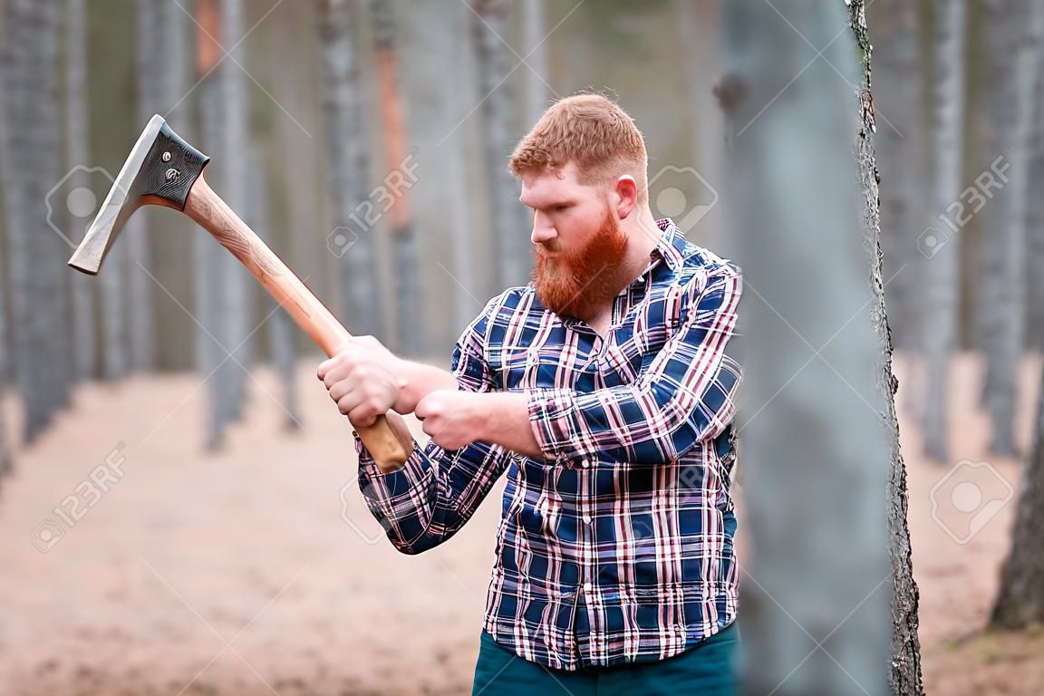 Ein Holzfäller mit rothaarigem Haar und einem Bart schwingt eine Axt an etwas. Draußen.
