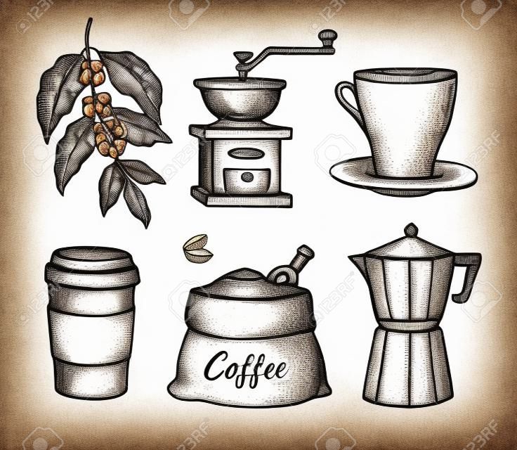Naturalne ziarna kawy vintage ręcznie rysowane zestaw ilustracji. Kubek na spodek, młynek do kawy, torba na ziarna kawy, szkice papierowego kubka na białym tle.