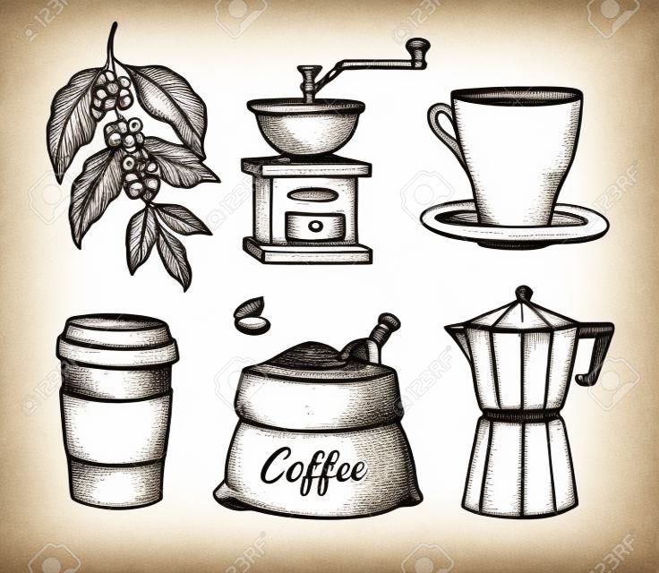 Natural grain coffee vintage hand drawn illustration set. Cup on saucer, coffee grinder, coffee beans bag, paper cup sketches isolated on white background.