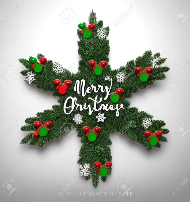 Evergreen Christmas wreath. Snowflake made from Xmas tree branches, toys, gingerbread cookies with Marry Christmas ans Happy New Year greetings illustration. Concept for winter holidays cards